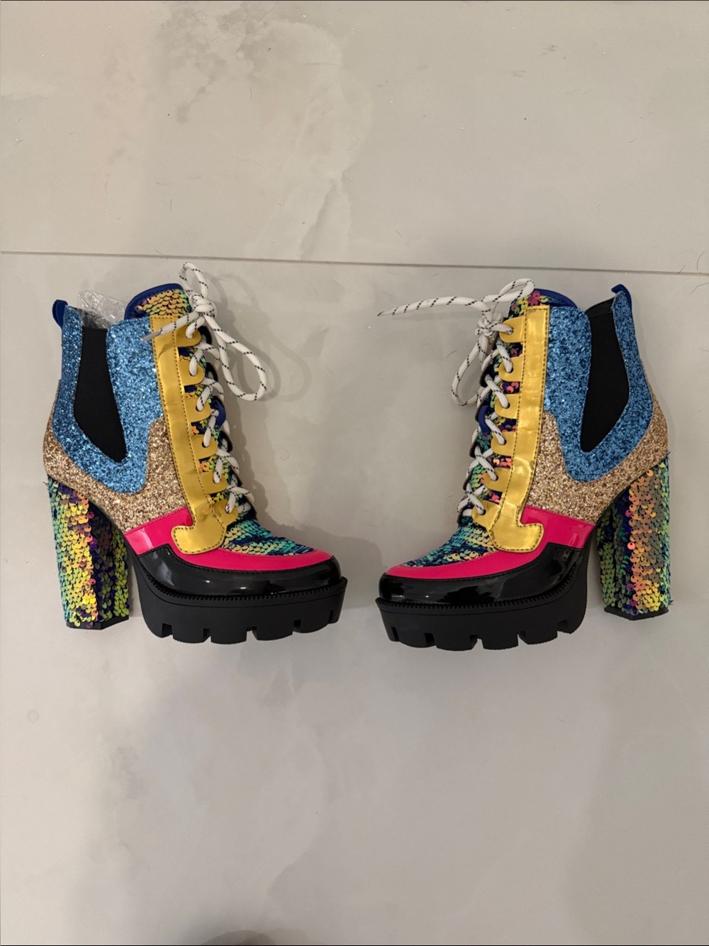 Cape Robbin Multi-Color Glitter Lace-Up Platform Boots